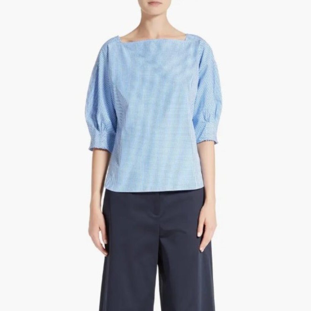 Tibi blue Gingham blouse square neck puff